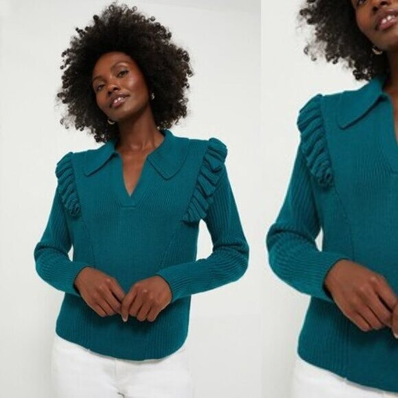 Tuckernuck NEW Hyacinth House Teal Ruffle Casey Collared V-Neck Sweater Size M - Picture 1 of 8